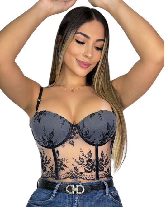 CROP TOP COPA ENCAJE GRIS